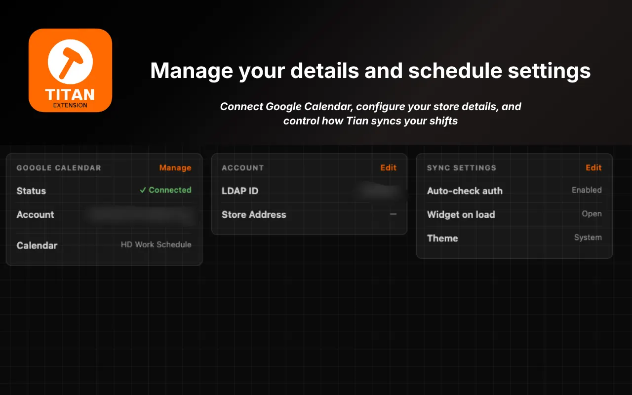 Titan settings showing Google Calendar connected status, account details, and sync configuration